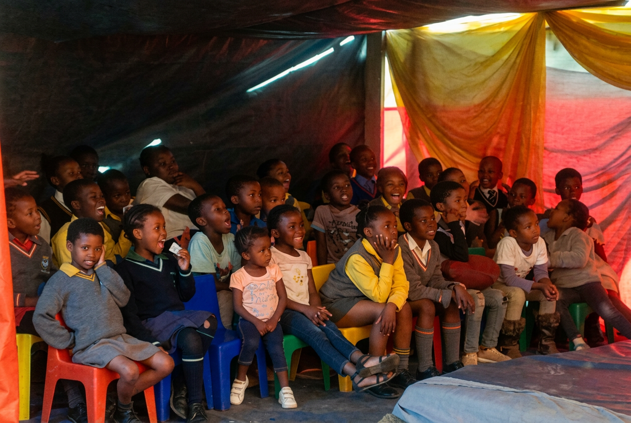 Children seated together beneath a marquee